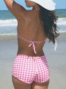 Women Halter Neck Triangle Bikini Sets Vintage Aesthetic Bathing Suits Summer Boy Shorts Swimsuit Y2k Swimwear - Red and White - View 6