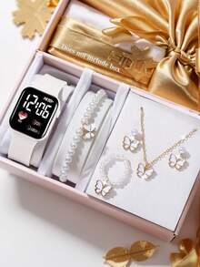 这款时尚优雅的女童LED心形数字手表和蝴蝶形首饰套装包含手链、项链、戒指和耳环，适合女孩、学生佩戴，日常场合如上学、聚会、旅行等均可佩戴，也是送给朋友、生日、圣诞节和其他节日的完美礼物。 - 白色 - 查看 10