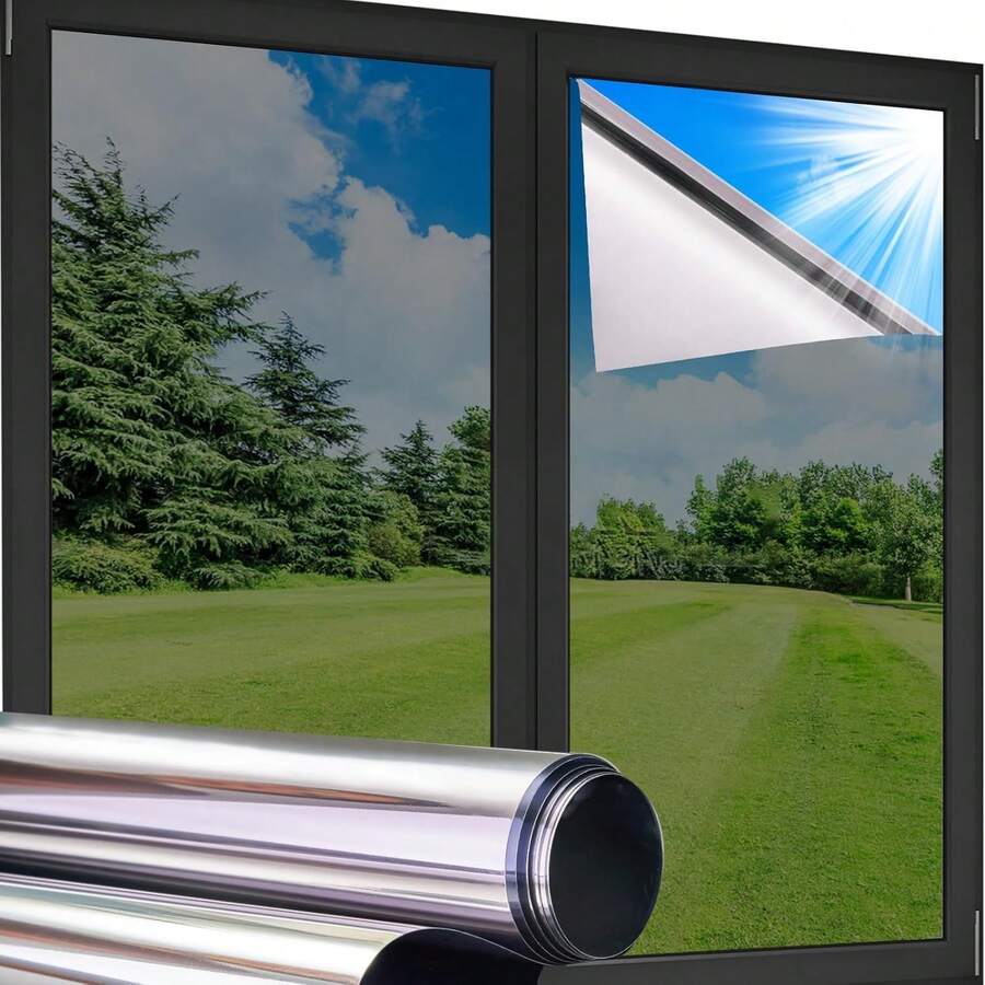 1 Roll Heat Insulation Window Film For Office & Home Use, Features Privacy Protection, Sun Blocking, One-Way Vision. Easy-Apply PET Material With Modern Design, Architectural Integration, Adhesive-Free Static Cling . - Silver - View 1
