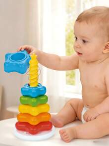 1 pieza Torre giratoria arcoíris de 5 estrellas - Juguete apilable musical para educación temprana Montessori, regalo de Año Nuevo para +12M - Multicolor - Ver 3