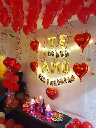 29pcs/Set "Te Amo" Love Letter Heart Balloon Set, Red, Silver, Gold "I Love You" Balloons, Red Heart Balloons, 500pcs Red Rose Petals, Suitable For Valentine's Day Party Decor, Proposal, Wedding, Single Party, Birthday, Anniversary