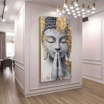 1 st ramlös modern religiös konst på canvas, Buddha med gyllene accenter, perfekt för sovrum och vardagsrumsinredning, sovrumsväggkonst | Lugn rumsdekor | Ramlös canvas, Buddha-rumsdekor