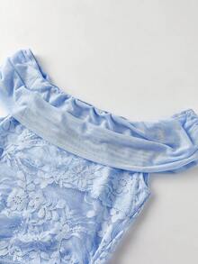 Vestido Largo de Noche Mujer, Hombros Descubiertos Manga Corta, Diseño Anudado Ajustado de Encaje Sin Tirantes - Azul - Ver 4
