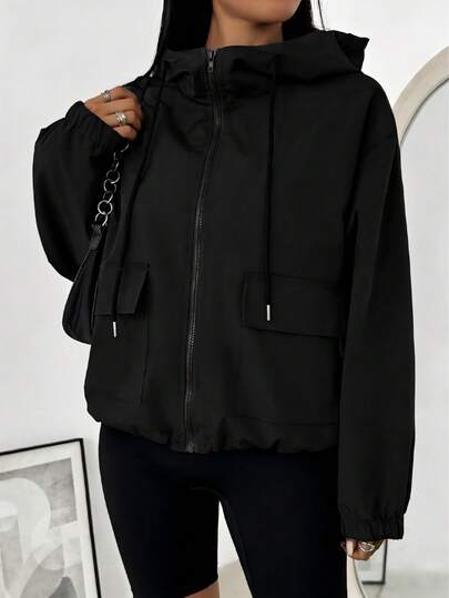 Women's Spring Sports Jacket, Black Outerwear, Zipper Hooded Design With Dual Pockets, Lined, Drawstring Hood, Adjustable Hem, Solid Color Woven Fabric, Minimalist & Fashionable, Loose & Comfortable For Daily & Outdoor Wear