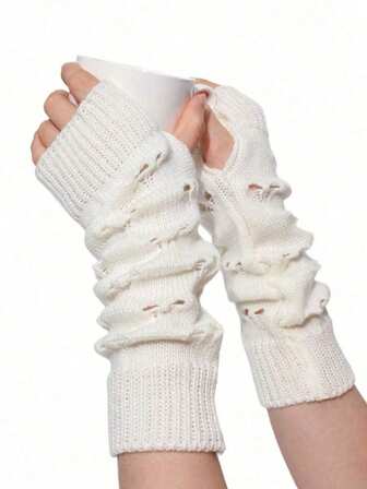 1双女士镂空针织露指手套，保暖时尚臂套，适合春、秋、冬三季，用途广泛，适合幼儿园学生、舞蹈、日常穿搭装饰，纯色休闲涤纶材质