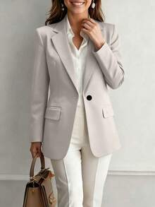 Women's Elegant Open Front Blazer Jacket, Lapel Collar, Long Sleeve, Button Detail, Regular Fit - Light Grey - View 4