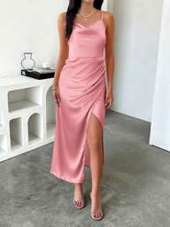 Vestidos de mujer Look Polly, vestido de falda larga de seda de unicolor con tirantes, vestidos de mujer para bodas, ropa de mujer para otoño, ropa de vuelta al colegio, vestidos de mujer para fiestas con hombros descubiertos, vestido de graduación, falda larga elegante y sexy con piernas expuestas, vestido de graduación, ropa de mujer para Halloween, atuendos de cita nocturna de mujer, ropa de mujer para Navidad