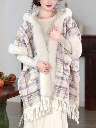 1pc New Bride Wedding Dress Shawl Cloak Plaid Thick Faux Fur Hooded Warm Jacket With Pockets
