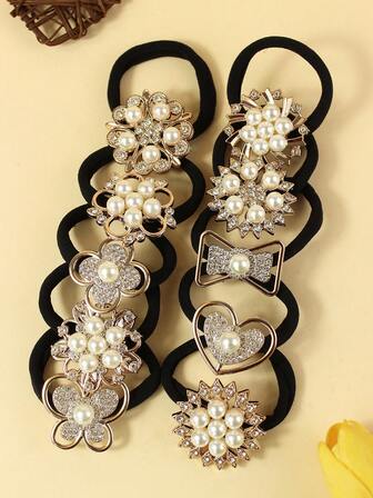 10pcs Women's Commute & Daily Use Hair Scrunchies Set, Elegant & Refined, Faux Pearl & Rhinestone Embellished, Multi-Element Hair Ties, Suitable For Daily Use And Gift Giving ,Ponytail ,Hair Elastics ,Hair Rubber Bands ,Hair Rope ,Elastic Hair Tie