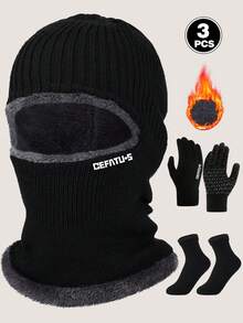 3pcs Black Winter Warm Set:Fleece-Lined Thickened Balaclava Hat,Touchscreen Gloves,Thick Socks,Men Knitted Beanie With Face Mask Suitable For Ski,Mountaineering,Camping,Running,Cycling,Outdoor Sports,Work - Black - View 5