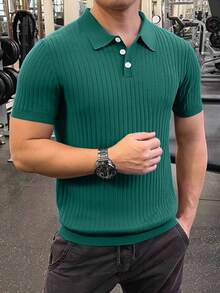 Men's Green Knitted Polo Collar Short Sleeve Shirt, Lightweight Breathable Moisture-Wicking Slim Fit Vertical Striped Knit T-Shirt, Summer - Green - View 1