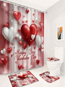 1/4pcs Pink Balloon & Rose Bathroom Set, Decorative Bathroom Set Includes 2D Flat Print Shower Curtain, Bathroom Curtains, Anti-Slip Mat, Toilet Lid Cover, Bath Mat And 12pcs Plastic Hooks, Bathroom Accessories, Home Decor