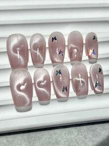 10片手工粉色猫眼爱心蝴蝶美甲贴纸，甜美温柔风格，短款棺材形美甲贴纸，美甲用品（1片果冻贴纸+1个指甲锉） - 粉色 - 查看 1