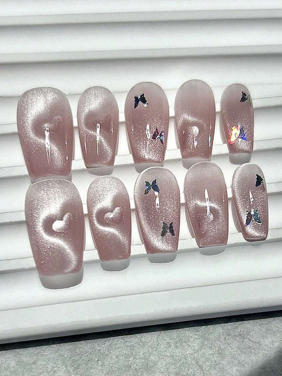 10片手工粉色猫眼爱心蝴蝶美甲贴纸，甜美温柔风格，短款棺材形美甲贴纸，美甲用品（1片果冻贴纸+1个指甲锉） - 粉色 - 查看 1