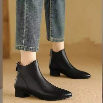 Women's Minimalist Ankle Boots, Elegant & Fashionable Back Zipper Booties, Warm Winter Outdoor Shoes, Casual Style, 2025 New Chunky Heel Ankle Boots, British/French Style