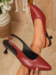 Solid Color High Heel Pointed Toe Slip-On Office Shoes, Suede Black Shoes - Red - View 6