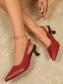 Solid Color High Heel Pointed Toe Slip-On Office Shoes, Suede Black Shoes - Red - View 5