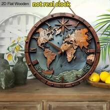 1 Vintage Round Wooden World Map Wall Hanging With Compass Design - Dark Green Country Style Finish, Ideal For Home Office/Living Room Decor, Holiday Gift For St. Patrick's Day, Valentine's Day, Or Easter, Educational Decoration | Classic Aesthetics |