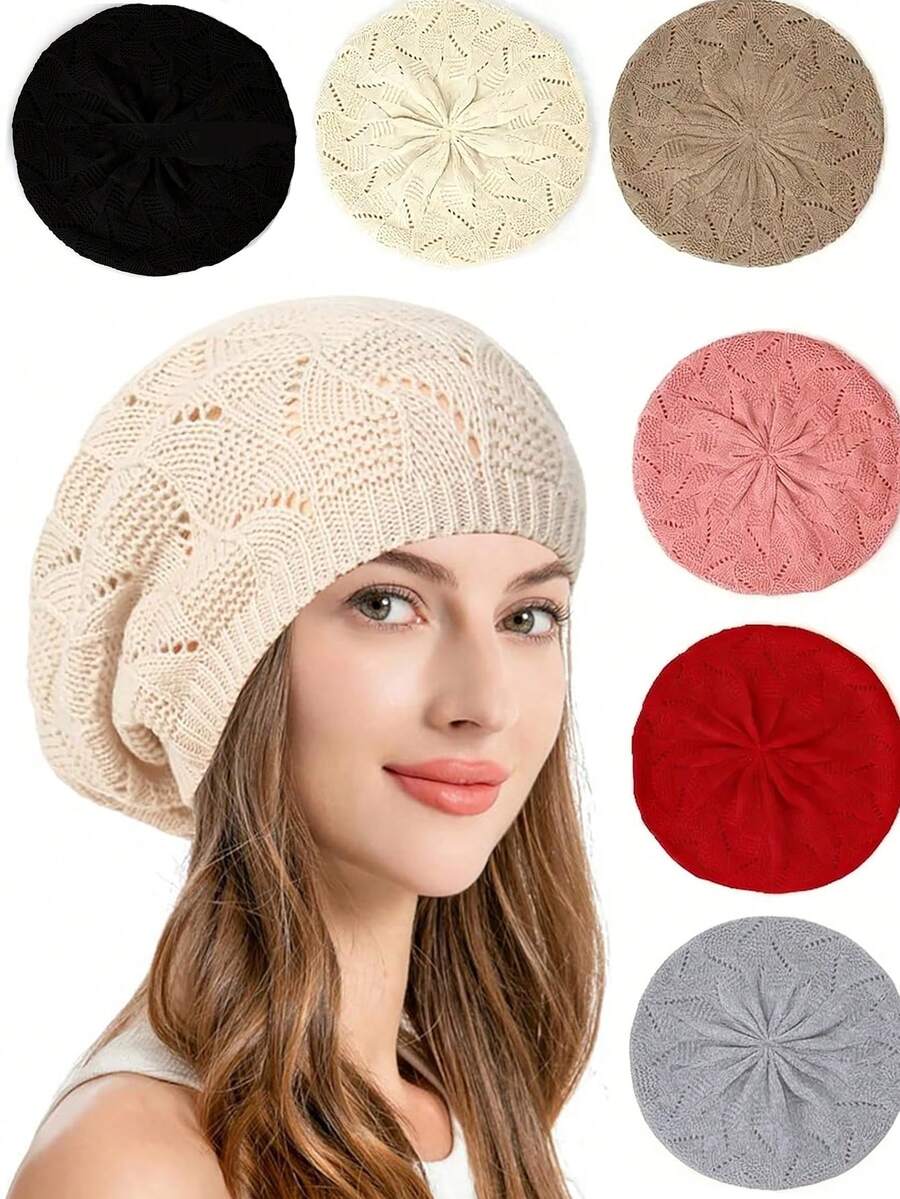 1pc Women Knitted Casual Everyday Beret Hat, Solid Color, Fashionable & Versatile Ladies' Beret Hats For Autumn And Winter Black Beret Hat - Multicolor - View 1