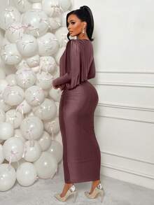 AIJ Amarilo Women's Elegant Brown Glossy Knit Long Sleeve Cold-Shoulder Asymmetric Neck Ruched Hip Slit Maxi Dress, Suitable For Party And Commute, Spring/Summer - Dusty Purple - View 2