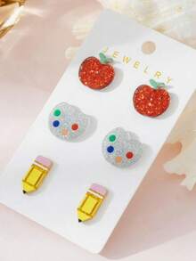 1 Set Colorful Back To School Teacher Cute Cartoon Casual Versatile Niche Design Apple Palette Pencil Earrings - Apple Pencil Drawing Board - View 3