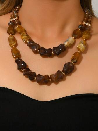 1 pieza Collar vintage elegante bohemio de ámbar marrón con textura de resina, cuentas de CCB doradas y cristales de vidrio en capas, regalo de joyería de alta gama para mujeres, adecuado para festivales, fiestas, vacaciones, San Valentín, Acción de Gracias, amigos