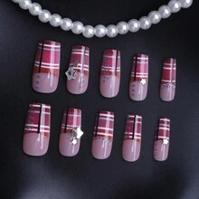 24pcs, Medium-Short Striped Grille Scottish Style Wearable Nail Art Nail Tips/False Nails - 1 - 查看 5