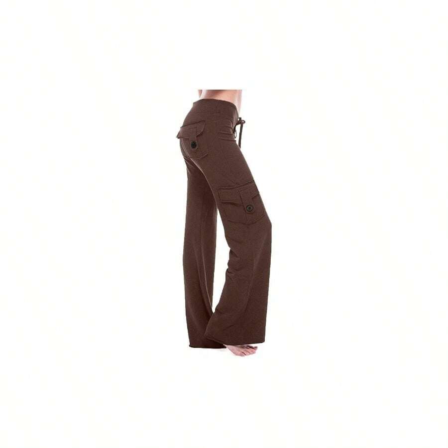 Pantalones de yoga tipo cargo para mujer, talla, elsticos, casuales, con cordn, cintura alta, pantalones largos con bolsillos, marrn 01 - brown Medium - inicial - Ver 1