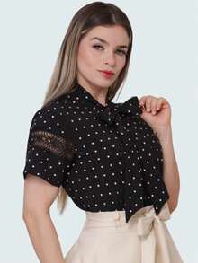Women's Short-Sleeve Blouse With Elegant Polka Dot Bow Collar - 黑色 - 查看 1