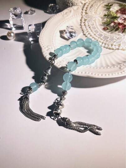 1 st nytt Ramadan transparent enfärgat dubbeltofs silverdekor islamiskt Tasbih-pärlarmband, i kombination med vintagemetalldekorationer, lämpligt för daglig andäktig bön och Ramadan Eid Al-Fitr, trendigt unisexarmband