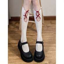 Women's Style Mid-Calf Socks - Double Bow Detail, Breathable Silky Mesh Design, All-Day Comfort High Elasticity - Elegant Spring Summer Socks (Black) - 紅色 - 查看 9