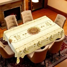 1件裝 齋戒月金色主題聚酯纖維桌巾，圓形直徑145cm，長方形桌巾140x180cm，淺金色伊斯蘭圖案桌巾，星星月亮燈籠元素，適用於餐廳、客廳節日裝飾 - 金色 - 查看 6