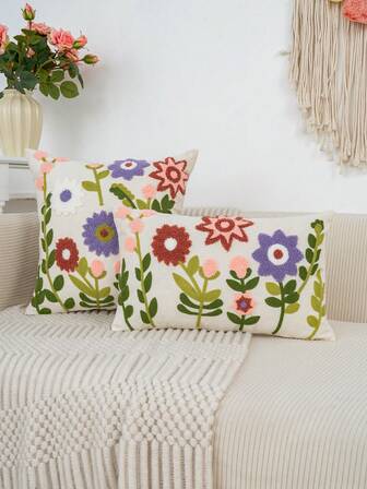 1 st. kuddfodral i polyester, Canavas blommigt, med utsökt broderi, utan kuddekärna