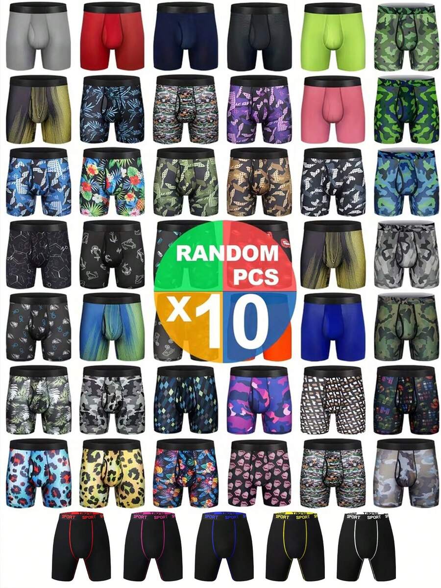 随机10条装男士长款平角内裤 - 涤纶舒适弹力内裤，休闲针织面料短裤，含氨纶，弹性十足 - 透气柔软，运动版型