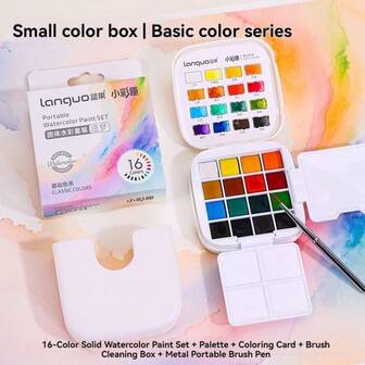 Juego de pintura de acuarela sólida de 16 colores Languo - Kit de arte portátil para viajes con paleta, tarjetas para colorear, cubeta para lavar pinceles y pincel de metal para pintura profesional y bocetos al aire libre