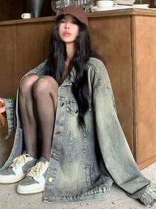 Y2K Limited Edition Oversized Vintage Distressed Washed Denim Blue Jacket, Loose Fit For Women, Autumn/Winter Casual Spring - Medium Wash - View 6