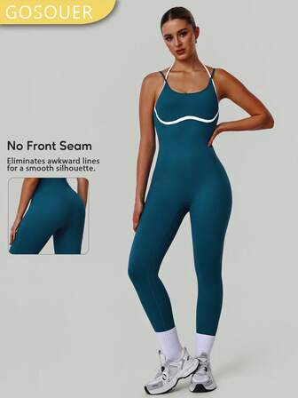 GOSOUER Woman Elegant Color-Blocked Halter Neck Suspender Slim Fit Tummy Control Open Back Gym Yoga Sports Jumpsuit