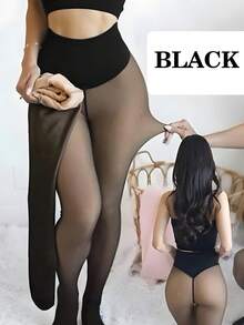 1 Pair High-Elasticity Fleece-Lined Thermal Leggings For Women - Soft Polyester Blend, Warm & Comfortable, Machine Washable, Perfect For Winter Fashion And Cold Weather, Winter Leggings Soft Texture Leggings, High Waisted Leggings,For -5~15℃ - 新-黑透膚 - 查看 9