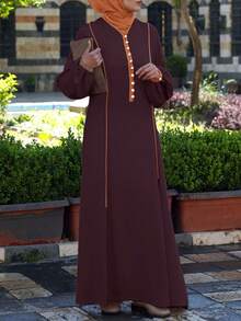 Vestido largo de apertura frontal de bloques de color, vestido largo de estilo árabe para mujer para otoño/invierno, vestido abaya árabe elegante de manga larga y modesto, para uso diario casual, abaya de rayón con ribete de sesgo - Trufa marrón - Ver 1