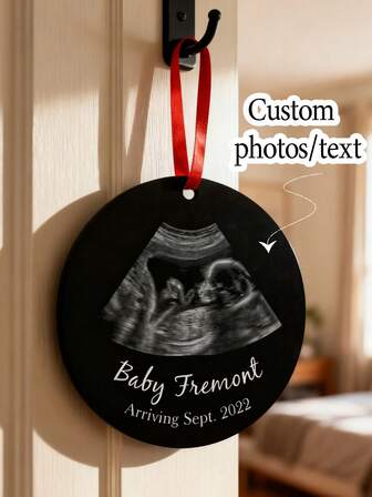 1pc Customized Personalized Pregnancy Photo Decoration Hanging Accessory | Customize Baby Ultrasound Photo + Exclusive Name & Date, Nursery Wall / Bedside Decor (High Hanging), Black Background Glossy Finish With Red Hanging Rope. It Is A Warm Christmas Ornament As Well As A Meaningful Pregnancy Ritual And Newborn Birth Gift. Exclusive Record Of Baby's First Look, Filling The Nursery With Tender Anticipation.