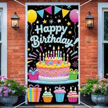 1 Piece Happy Birthday Door Banner - Colorful Birthday Celebration With Cake, Balloons And Flags, Gift Box Pattern, Suitable For Birthday Celebration, Photo Booth Photography Background, Home Decoration, Wall, Indoor And Outdoor, Garden Courtyard Decoration Background, Party Supplies, Theme Party - Multicolor - View 2