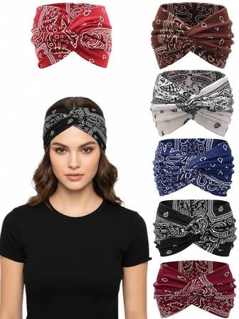 1pc/6pcs Plus Size Paisley Bohemian Women Sports Headband, Elastic Yoga Criss-Cross Printed Headband, Suitable For Outdoor Sports, Hiking, Travel, Climbing, Daily Wear