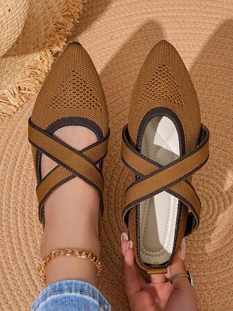 Zapatos planos de mujer con punta puntiaguda, de punto, con diseño cruzado a rayas, de unicolor, bohemio y elegante, casuales y sexys, cómodos ribeteados, adecuados para vacaciones, fiestas, hogar, oficina, exteriores y todas las estaciones