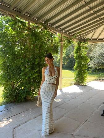 波点印花高腰优雅女式半身裙，网纱拼接长裙