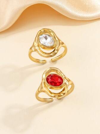 2pcs Stainless Steel Fashionable Glamorous Gold-Tone Open Ring Set, Inlaid With Red And White Zirconia, Suitable For Women's Daily Wear Or Gift