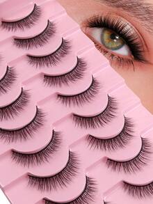 Hinarin 10 Pairs Wispy False Eyelashes 9MM Natural Short Strip Lashes Crossed Fluffy 3D Faux Mink Lashes Black Band Long-Lasting Fake Eyelashes Enlarged Double Eye Portable Fake Lashes For Making Up Supply