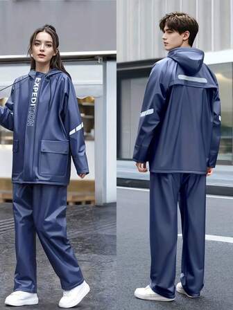 Motorcycle Rain Suit, Waterproof Motorcycle Rain Suit, Motorcycle Rain Jacket, Rain Jacket And Pants, Riding Rain Suit, Navy Blue Motorcycle Rain Jacket, Hooded Casual PVC Waterproof Rain Jacket