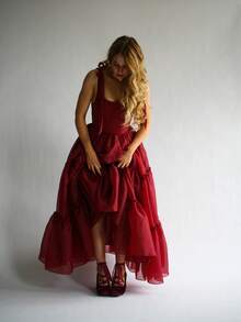 Women's Summer Long A Line Dress Sleeveless Tie Shoulder U-Neck Split Hem Cross Bandage Ball Gown - 酒紅色 - 查看 6