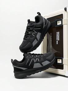 1 Pair Men's Plus Size Solid Color Faux Leather Lace-Up Sneakers, Breathable Mesh Sports Shoes For Outdoor, Gym, All Season - Black - View 2