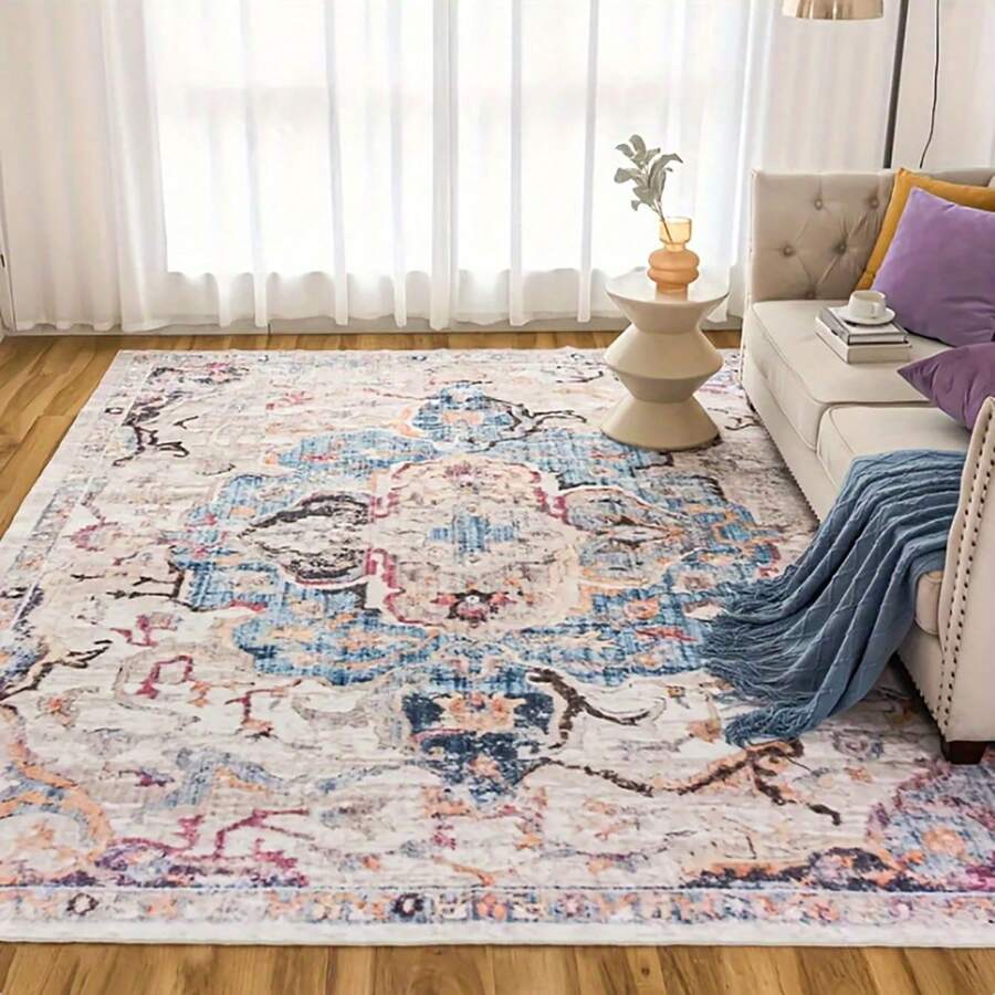 Alfombra lavable, alfombra de área vintage antideslizante, alfombra de pelo bajo lavable a máquina, alfombra resistente a las manchas, alfombra grande suave, alfombra delgada para sala de estar, dormitorio, comedor - Albaricoque - Ver 1